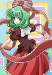  absurdres beluo77 bow dress frills front_ponytail green_eyes green_hair hair_bow hair_ribbon highres kagiyama_hina long_hair looking_back open_mouth outstretched_arms ribbon smile solo touhou 