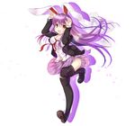  :d absurdres animal_ears black_legwear blazer blush breasts bunny_ears cleavage drop_shadow full_body highres jacket large_breasts long_hair looking_at_viewer mary_janes navel necktie open_mouth purple_hair red_eyes red_neckwear reisen_udongein_inaba sesield shadow shoes simple_background skirt smile solo thighhighs touhou very_long_hair white_background 