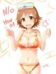  bikini brown_eyes brown_hair character_name diving_mask diving_mask_on_head highres honda_mio idolmaster idolmaster_cinderella_girls mizuyan navel orange_bikini short_hair solo standing star striped striped_bikini swimsuit 