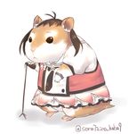  ahoge animal animalization bad_id bad_pixiv_id brown_hair clothed_animal frilled_skirt frills hamster kantai_collection microphone microphone_stand naka_(kantai_collection) necktie no_humans skirt touwa_nikuman twitter_username white_background 