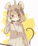  ahoge alternate_costume animal_ears bad_id bad_twitter_id bespectacled cheese daizu_(melon-lemon) dowsing_rod food glasses grey_hair mouse_ears mouse_tail nazrin red_eyes short_hair solo sweater tail touhou 