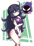  1girl @_@ ahoge bare_arms bare_legs bare_shoulders black_hair blush breasts cleavage_cutout closed_mouth covered_navel creatures_(company) danmakuman eyebrows_visible_through_hair flower game_freak gastly gen_1_pokemon hair_flower hair_ornament hairband hex_maniac_(pokemon) large_breasts long_hair looking_at_viewer messy_hair nintendo one-piece_swimsuit pokemon pokemon_(creature) pokemon_(game) pokemon_xy purple_eyes purple_swimsuit standing swimsuit 
