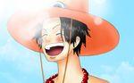  1boy blue_sky freckles hat highres necklace one_piece open_mouth portgas_d_ace sky smile solo stampede_string topless trafargar_low 