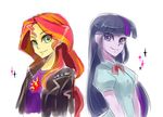  green_eyes long_hair multiple_girls murai_shinobu my_little_pony my_little_pony_equestria_girls my_little_pony_friendship_is_magic orange_hair personification purple_eyes purple_hair simple_background sunset_shimmer twilight_sparkle 