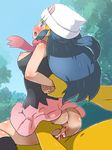  1girl anus arms_behind_back arms_held_back ass beanie bestiality blue_eyes blue_hair blush boris_(noborhys) breasts breasts_outside clothed_sex cum female from_behind girl_on_top hat hetero hikari_(pokemon) hypno long_hair looking_back miniskirt monster no_panties outdoors penis pokemon reverse_cowgirl reverse_cowgirl_position sex skirt straddling tree uncensored vaginal 