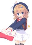  backpack bag beret black_legwear blue_eyes bow brown_hair child chishima_mako fang hair_ornament hairclip handbag hat implied_pregnancy keychain long_hair maternity_mark piyodera_mucha randoseru school_uniform skirt smile solo soushisouai_lolita thighhighs zettai_ryouiki 