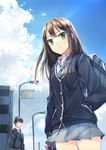  1girl bag brown_hair building cardigan cloud day green_eyes hand_in_pocket idolmaster idolmaster_cinderella_girls jin_young-in lamppost long_hair looking_at_viewer necktie producer_(idolmaster_cinderella_girls_anime) school_bag school_uniform serious shibuya_rin short_hair skirt sky 