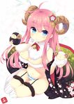  ahoge bad_id bad_pixiv_id bell blue_eyes blush breasts chinese_zodiac cleavage garter_straps highres horns large_breasts long_hair looking_at_viewer new_year nibiiro_shizuka original panties pink_hair sheep sheep_horns solo striped striped_panties thighhighs underwear year_of_the_goat 