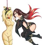  2girls absurdres arms_up ball_gag bdsm black_hair blonde_hair blue_eyes blush bondage bound bound_wrists breasts clothed_female_nude_female crow_(gravity_daze) female femdom gag gravity_daze headband highres kitten_(gravity_daze) midair multiple_girls nude pussy red_eyes red_hair uncensored yuri 