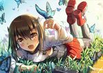  bike_shorts brown_eyes brown_hair bug butterfly hair_between_eyes headband headgear insect kantai_collection looking_at_viewer lying on_stomach open_mouth qian_wu_atai short_hair skirt smile solo taihou_(kantai_collection) thighhighs 