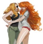  2girls alternate_costume bangs blonde_hair domino_(one_piece) hair_over_eyes hair_over_one_eye impel_down long_hair multiple_girls one_piece orange_hair sadi-chan shorts sunglasses 