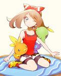  blue_eyes brown_hair full_body gen_3_pokemon gulpin hair_ribbon haruka_(pokemon) kurochiroko one_eye_closed pokemon pokemon_(creature) pokemon_(game) pokemon_oras ribbon sableye shoes sidelocks sitting sneakers tank_top torchic wariza 