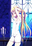  armpits arms_up blazblue blonde_hair blush candle candlestand covered_navel flat_chest hands_in_hair kaname_nagi long_hair looking_away naked_towel night rachel_alucard red_eyes solo towel very_long_hair wet window 