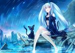  barefoot blue_eyes blue_hair cat collarbone company_name kirishima_lei long_hair low-tied_long_hair mikuni_(mikunik) original outdoors puffy_sleeves sitting sleeves_past_wrists soaking_feet solo star_trail twintails very_long_hair water watermark 