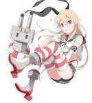  :3 :o black_panties blonde_hair blue_skirt boots drink elbow_gloves gloves grey_footwear hairband haseneko kantai_collection lifebuoy long_hair looking_at_viewer panties purple_eyes rensouhou-chan shimakaze_(kantai_collection) simple_background skirt striped striped_legwear thighhighs underwear white_background 