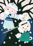  cherry_blossoms fan folding_fan hairband hat japanese_clothes katana konpaku_youmu konpaku_youmu_(ghost) multiple_girls paper_(medium) pink_hair poru_(tohopunk) saigyouji_yuyuko short_hair sword touhou triangular_headpiece weapon white_hair 