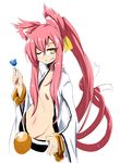  animal_ears bell belt blazblue candy cat_ears cat_tail flat_chest food glasses grin groin hand_on_belt highres kaname_nagi kokonoe lollipop long_hair long_sleeves looking_down lowleg lowleg_pants multiple_tails navel one_eye_closed pants pince-nez pink_hair sidelocks sketch slit_pupils smile solo tail very_long_hair wide_sleeves yellow_eyes 