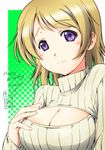  blush breasts brown_hair character_name cleavage cleavage_cutout dated green_background happy_birthday koizumi_hanayo looking_at_viewer love_live! love_live!_school_idol_project medium_breasts meme_attire open-chest_sweater purple_eyes ranshin ribbed_sweater short_hair smile solo sweater turtleneck 