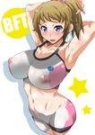  arms_up blue_eyes bodypaint breasts brown_hair gundam gundam_build_fighters gundam_build_fighters_try hoshino_fumina kunifuto large_breasts naked_paint navel nipples nude painted_clothes ponytail solo 