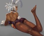  animal_ears ass back backless_outfit bare_back barefoot battle_bunny_riven black_legwear bunny_ears bunny_tail choker corset dark_skin error feet gloves league_of_legends looking_back lying on_stomach pantyhose ponytail riven_(league_of_legends) sheer_legwear sideways_glance simple_background sketch solo tail tan whistlerx white_gloves wrong_feet 