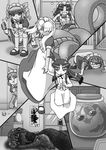  animal_ears apron ball cat_ears comic commentary cuey_c_lops dress drill_hair fangs greyscale highres in_container jar lamia maid maid_apron maid_headdress mecha_musume mechanical_arms monochrome monster_girl multiple_girls open_mouth original pointy_ears puffy_short_sleeves puffy_sleeves pulling rakurakutei_ramen ran_straherz running short_sleeves tears thumbs_up twin_drills two_side_up zombie 