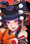  bare_shoulders black_hair breasts cleavage dead_or_alive dead_or_alive_5 eyeshadow fan hair_ornament hair_stick hair_tubes hat hauchiwa kafun lips long_hair makeup medium_breasts mole mole_under_mouth nyotengu open_mouth pom_pom_(clothes) smile solo tokin_hat tongue tongue_out 