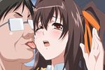  1boy 1girl animated animated_gif breasts brown_eyes brown_hair cleavage female glasses hair_ribbon huge_breasts ikenai_koto_the_animation long_hair nipples old_man one_eye_closed orange_ribbon rape ribbon saliva tears 