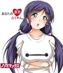  :o baymax baymax_(cosplay) big_hero_6 blush cosplay green_eyes long_hair looking_at_viewer love_live! love_live!_school_idol_project purple_hair simple_background solo toujou_nozomi translated twintails upper_body white_background yopparai_oni 