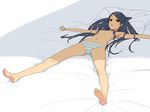  armpits barefoot bed_sheet blue_hair feet flat_chest hair_censor hair_ornament hair_over_breasts hairclip highres ino legs long_hair looking_at_viewer lying mochizuki_nonoka navel on_back otome_function outstretched_arms panties pillow sketch soles solo spread_arms spread_legs striped striped_panties topless underwear underwear_only 
