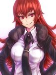  breasts fur_trim hoshigami_zena inaba-no-kuni-tottori kure-nai long_hair looking_at_viewer medium_breasts necktie red_eyes red_hair simple_background smile solo white_background 