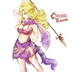  ayla_(chrono_trigger) bandeau blonde_hair bracelet breasts caveman chrono_trigger cleavage copyright_name curly_hair ebak0 fur green_eyes highres holding jewelry large_breasts long_hair navel polearm simple_background skirt solo spear weapon white_background 