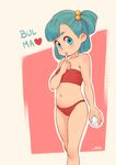  alkemanubis bandeau bare_shoulders bikini blue_eyes blue_hair bulma child dragon_ball dragon_ball_(classic) finger_to_mouth midriff navel one_side_up short_hair solo strapless swimsuit younger 