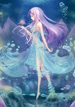  air_bubble aqua_eyes barefoot bubble dress flower from_side highres huanghyy lavender_hair liquid_clothes long_hair lotus original profile ripples see-through solo tiptoes underwater water water_dress water_drop 