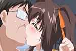  animated animated_gif blush brown_hair eyes_closed glasses hair_ribbon ikenai_koto_the_animation kiss long_hair old_man orange_ribbon ribbon saliva tears 