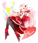  :d arm_warmers black_choker black_legwear choker copyright_name cure_passion dress fresh_precure! frilled_dress frilled_sleeves frills hair_ornament head_wings heart heart_hair_ornament higashi_setsuna high_heels long_hair magical_girl minatota_yukari open_mouth pantyhose passion_harp pink_hair precure red_eyes ribbon simple_background smile solo text_focus tiara white_background 