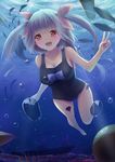  blue_hair blush breasts bubble cleavage fang fish hair_ribbon highres i-19_(kantai_collection) kantai_collection large_breasts long_hair one-piece_swimsuit open_mouth red_eyes ribbon school_swimsuit smile solo sonikey0_0 star star-shaped_pupils swimming swimsuit symbol-shaped_pupils twintails underwater v water 