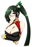  bare_shoulders black_hair blazblue blush breasts china_dress chinese_clothes cleavage crossed_arms detached_sleeves dress glasses hair_ornament kaname_nagi lao_jiu large_breasts litchi_faye_ling long_hair looking_at_viewer red_eyes semi-rimless_eyewear shiny shiny_hair side_ponytail simple_background smile solo under-rim_eyewear upper_body white_background 