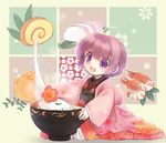  biyon bowl chopsticks floral_print food hat hat_removed headwear_removed japanese_clothes kimono long_sleeves md5_mismatch minigirl mochi obi open_mouth purple_eyes purple_hair sash shrimp sitting smile solo sukuna_shinmyoumaru touhou wide_sleeves zouni_soup 