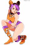  birthmark boots d-ryuu double_bun joestar_birthmark jojo_no_kimyou_na_bouken knee_boots kuujou_jolyne lipstick makeup multicolored_hair orange_eyes orange_footwear orange_hair orange_lipstick purple_hair short_shorts shorts star two-tone_hair 