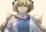  bad_id bad_twitter_id blonde_hair breasts fox_tail hat ichiba_youichi large_breasts long_sleeves looking_at_viewer mob_cap multiple_tails short_hair simple_background smile solo tabard tail touhou upper_body wide_sleeves yakumo_ran yellow_background yellow_eyes 