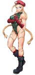  aegis_(nerocc) ass blonde_hair blue_eyes boots braid breasts cammy_white covered_nipples fingerless_gloves full_body gloves green_leotard highleg highleg_leotard highres large_breasts legs leotard long_hair looking_at_viewer md5_mismatch muscle scar simple_background solo street_fighter twin_braids white_background 