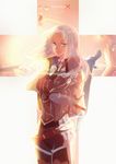  armor belt bodysuit boots breastplate copyright_name dark_skin elma_(xenoblade_x) long_hair looking_at_viewer loose_belt nadir red_sky sky smile solo sword thigh_boots thighhighs weapon white_hair wind xenoblade_(series) xenoblade_chronicles_x 