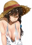  areolae black_hair breasts cleavage collarbone covered_nipples green_eyes hat highres justin_(sera_tony) large_breasts no_bra original see-through solo sun_hat tank_top 