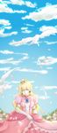  1girl artist_request blonde_hair blue_eyes cloud clouds crown dress earrings female gloves jewelry long_hair mario_(series) nintendo petal petals princess_peach sky smile super_mario_bros. 