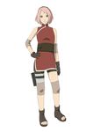 1girl ankle_wraps arm_warmers bandage bangs bare_shoulders belt bike_shorts black_gloves breasts dress eyelashes facial_mark forehead_mark full_body gloves green_eyes hand_on_hip haruno_sakura headband headdress highres leg_warmers looking_at_viewer naruto naruto:_the_last official_art open_toe_shoes pink_hair pocket red_dress sash shoes short_dress short_hair side_slit simple_background sleeveless sleeveless_dress solo standing thigh_strap thighs toes turtleneck white_background 