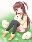  brown_hair long_hair original red_eyes sakura_yuuya sheep sitting solo thighhighs 