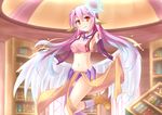  absurdres angel_wings blush book bookshelf breasts chrisandita collaboration feathered_wings flying gloves gradient_hair grin highres jibril_(no_game_no_life) library looking_at_viewer md5_mismatch medium_breasts midriff mismatched_legwear multicolored_hair navel no_game_no_life orange_eyes pink_hair purple_legwear shiny shiny_skin sideboob smile symbol-shaped_pupils white_wings wings 
