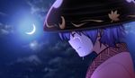  bowl bowl_hat crescent_moon crying crying_with_eyes_open hat japanese_clothes kimono moon night open_mouth purple_hair red_eyes satou_yuuki short_hair solo sukuna_shinmyoumaru tears touhou 