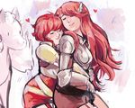  2girls character_request feathers fire_emblem fire_emblem_if hinoka_(fire_emblem_if) horse hug multiple_girls pegasus red_hair tiamo yuri 