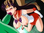  1girl areolae bishoujo_senshi_sailor_moon blush breasts breasts_outside censored cheek_bulge choker earrings elbow_gloves eyes_closed feet fellatio gangbang glamour_works gloves group_sex hand_on_head highres hino_rei huge_breasts jewelry legs long_hair mouthful nipples oral penis purple_hair rape sailor_mars sitting skirt standing tears thighs threesome tiara toes 